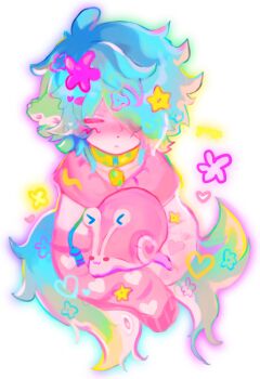 1boy animal blue_hair closed_eyes closed_mouth cloud_(lufaeris) commentary gradient_hair hair_ornament hair_over_one_eye heart highres hood hood_down hoodie long_hair male_focus multicolored_hair one_eye_covered original parted_bangs pink_hoodie snail solo star_(symbol) star_hair_ornament white_background