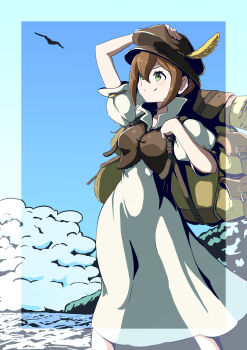 1girl absurdres backpack bag blue_sky breasts brown_hair brown_hat cianter closed_mouth cloud commentary dress english_commentary green_eyes hat hat_feather highres horizon mixed-language_commentary octopath_traveler octopath_traveler_i outdoors simple_bird sky smile solo standing tressa_colzione water white_dress