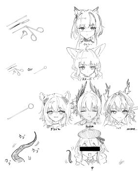 1boy 5girls animal_ears ankoro_mochi arknights bar_censor bird_girl cat_ears cat_girl censored censored_identity character_name closed_eyes commentary_request dragon_girl dragon_horns fox_ears fox_girl gravel_(arknights) greyscale hair_intakes head_wings highres horns kal&#039;tsit_(arknights) mimikaki mizuki_(arknights) monochrome multiple_girls raidian_(arknights) shu_(arknights) squirrel_ears squirrel_girl sussurro_(arknights) tentacles wings