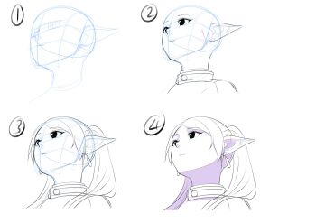 1girl absurdres commentary earrings elf english_commentary frieren greyscale head_back highres how_to jewelry kushiro_jin long_hair long_pointy_ears looking_up monochrome multiple_views parted_bangs pointy_ears simple_background smile sousou_no_frieren teardrop_earrings twintails upper_body upward_angle_frieren_drawing white_background