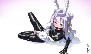 1boy absurdres animal_ears ball_gag bodysuit chastity_cage chastity_cage_emission commentary_request covered_erect_nipples fake_animal_ears flat_chastity_cage gag gagged hacka_doll hacka_doll_3 highres kurotsuki_schw latex latex_bodysuit leotard long_hair looking_at_viewer playboy_bunny purple_eyes purple_hair shiny_clothes small_chastity_cage solo teeth upper_teeth_only very_long_hair white_leotard wiffle_gag