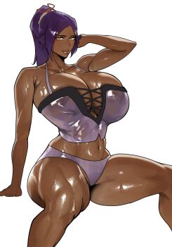 1girl alternate_breast_size_(larger) arm_behind_head bare_shoulders beuto bleach breasts closed_mouth collarbone dark-skinned_female dark_skin female_focus hair_ornament highres large_breasts lips long_hair navel panties parted_bangs ponytail purple_hair shihouin_yoruichi shiny_skin simple_background sitting spread_legs stomach thighs underwear white_background yellow_eyes
