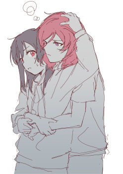 Rule 34 | 2girls, 3:, absurdres, black hair, closed mouth, commentary request, frown, hand on another's head, headpat, highres, hood, hoodie, hug, hug from behind, inazuma (elect line), long sleeves, looking at another, love live!, love live! school idol project, multiple girls, nishikino maki, open mouth, purple eyes, red eyes, red hair, short sleeves, simple background, squeans, sweatdrop, upper body, white background, yazawa nico, yuri