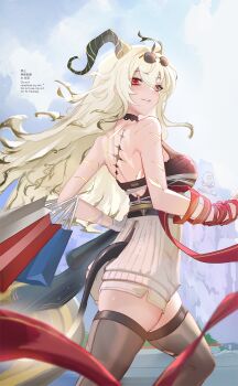 1girl ahoge bare_shoulders black_horns black_tail black_thighhighs blonde_hair blue_sky breasts chinese_commentary commentary commentary_request curled_horns day demon_tail dress english_commentary grey_dress highres horns large_breasts long_hair looking_at_viewer looking_to_the_side mixed-language_commentary necktie necktie_around_wrists official_alternate_costume outdoors parted_lips red_eyes red_necktie scar shiro_font sky smile solo sweater sweater_dress tacet_mark_(wuthering_waves) tail thighhighs thighs torn_clothes torn_dress wuthering_waves zani_(downtown_repose)_(wuthering_waves) zani_(wuthering_waves)