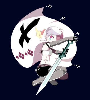 Rule 34 | 1girl, axis powers hetalia, bird, blue background, boots, cape, commentary request, full body, grey boots, grey hair, highres, looking at viewer, midriff, navel, pink eyes, prussia (female) (hetalia), prussia (hetalia), prussian flag, scar, scar on face, scar on stomach, shirt, short hair, solo, squatting, sword, tanba (tanba-art), weapon, white cape, white hair, white shirt