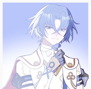 1boy blue_eyes blue_gloves blue_hair crossed_bangs fire_emblem fire_emblem_engage flower gloves hair_between_eyes light_persona male_alear_(divine_dragon)_(fire_emblem) male_alear_(fire_emblem) male_focus nintendo prince short_hair xinlinxin1