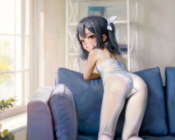 1girl absurdres ass athletic_leotard ballerina ballet couch fate/kaleid_liner_prisma_illya fate_(series) from_behind hair_ornament highres huge_filesize indoors leotard loli looking_at_viewer looking_back miyu_edelfelt on_couch pantyhose side_ponytail solo sweetonedollar white_leotard white_pantyhose window x_hair_ornament