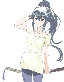 Rule 34 | 1girl, black hair, blue eyes, casual, closed mouth, collarbone, commentary request, cowboy shot, hair between eyes, highres, holding, holding sword, holding weapon, katana, long hair, looking at viewer, mashitono desu, pants, ponytail, purple pants, sheath, sheathed, shirt, short sleeves, sidelocks, simple background, sketch, solo, standing, strap, sword, toji no miko, weapon, white background, white shirt, yamashiro yui