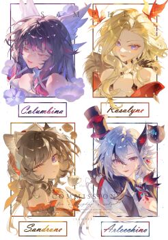 4girls absurdres arlecchino_(genshin_impact) bare_shoulders black_hair blonde_hair blue_eyes bow brown_hair character_name chinese_commentary closed_eyes closed_mouth coat colored_inner_hair columbina_(genshin_impact) commentary_request cup detached_sleeves dress english_text fatui_coat flower frilled_dress frilled_sleeves frills fur-trimmed_coat fur_trim genshin_impact grey_hair hair_bow hair_bun hair_ribbon hat head_wings highres jinse_(xhs_8990347566) lipgloss long_hair looking_at_viewer middle_part multicolored_hair multiple_girls one_eye_closed pink_hair plate profile purple_eyes red_dress red_eyes ribbon sandrone_(genshin_impact) signora_(genshin_impact) single_hair_bun smile sparkle tea teacup upper_body very_long_hair white_hair wings