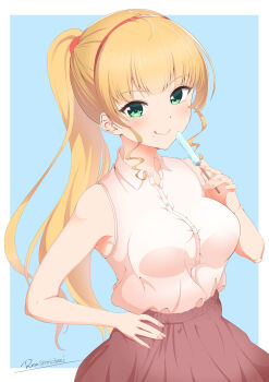 1girl :q absurdres bare_shoulders blonde_hair blue_background blunt_bangs border breasts brown_skirt collared_shirt commentary cowboy_shot food green_eyes hairband heanna_sumire highres holding holding_food holding_popsicle looking_at_viewer love_live! love_live!_superstar!! medium_breasts outside_border ponytail popsicle red_hairband reisa-aisaka shirt sidelocks simple_background skirt sleeveless sleeveless_shirt solo tongue tongue_out white_border white_shirt