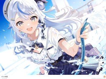 Rule 34 | 1girl, anchor ornament, arm strap, belt, beret, black hair, blue hair, blue nails, blue skirt, blue sky, braid, breasts, cleavage, cleavage cutout, clothing cutout, commentary request, empty pool, hair bun, hair flaps, hair ornament, hairclip, hat, high-waist skirt, highres, hose, indie virtual youtuber, long hair, medium breasts, multicolored hair, nail polish, o-ring, o-ring arm strap, open mouth, outdoors, parallel hairclips, pocket watch, pool, sailor collar, shiozora namiri, shirt, shirt tucked in, short sleeves, side braid, single side bun, siokazunoko, skirt, sky, solo, streaked hair, virtual youtuber, watch, water, wet, wet clothes, wet shirt, white hair, white hat, white sailor collar, white shirt, white wrist cuffs, wrist cuffs, yellow eyes