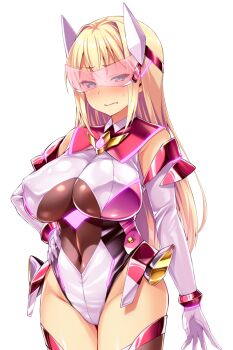 1girl ayazaki_shizuku bare_shoulders blonde_hair blue_eyes blush breasts clenched_teeth covered_erect_nipples covered_navel cowboy_shot elbow_gloves embarrassed game_cg gloves glowing green_eyes groin hair_intakes hand_on_own_hip headgear highleg highleg_leotard huge_breasts impossible_clothes large_variant_set legs_together leotard long_hair looking_at_viewer magical_girl neon_trim non-web_source nose_blush official_art satou_kuuki shiny_clothes shiny_skin sidelocks simple_background skin_tight solo soukou_seiki_ysphere standing sweatdrop teeth thighhighs tinted_eyewear transparent_background variant_set white_background white_gloves white_leotard ys_flare