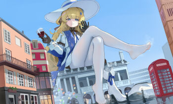 1girl absurdres black_gloves blonde_hair blue_eyes crossed_legs cup drinking_glass feet floppy_hat giant giantess gloves hat highres mousedic07 pantyhose phoebe_(wuthering_waves) removing_shoes shoes steaming_body sun_hat unworn_shoes waving white_pantyhose wine_glass wuthering_waves