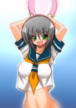 1girl aizawa_sakuya anzai_satsuki arms_up ball beachball blush bottomless breasts green_eyes grey_hair hair_ornament hayate_no_gotoku! highres holding holding_ball holding_beachball large_breasts navel sailor_collar sailor_shirt shirt short_hair simple_background solo stomach