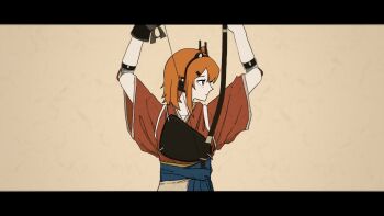 Rule 34 | 1girl, a.i. voice, adachi rei, alternate costume, android, archery, arms up, arrow (projectile), blue hakama, bow (weapon), brown background, closed mouth, drawing bow, gloves, hakama, headlamp, headphones, highres, holding, holding arrow, holding bow (weapon), holding weapon, japanese clothes, joints, kaniebiuni, kimono, kyuudou, letterboxed, looking to the side, manimani (vocaloid), medium hair, muneate, orange eyes, orange hair, partially fingerless gloves, partly fingerless gloves, profile, radio antenna, red kimono, robot joints, serious, short sleeves, single glove, solo, tasuki, upper body, utau, weapon, yugake, yumi (bow)