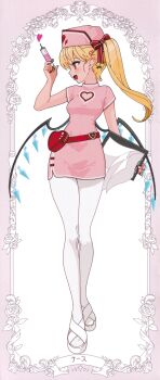1girl :d absurdres alternate_costume arm_up belt belt_pouch bikini border bow breasts clipboard clothing_cutout dress fang flandre_scarlet floral_border flower full_body gotoh_(nekocat) hair_bow hair_ornament hat heart heart-shaped_bag heart_cutout heart_hair_ornament highres holding holding_clipboard holding_syringe long_hair looking_to_the_side nail_polish nurse nurse_cap one_side_up open_mouth pantyhose paper pink_border pink_dress pink_hat pointy_ears pouch red_belt red_bow red_eyes red_nails rose sandals scan short_sleeves skin_fang small_breasts smile solo standing swimsuit syringe third-party_source touhou white_bikini white_pantyhose white_sandals wings x_hair_ornament