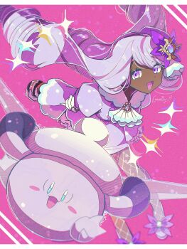 Rule 34 | 1girl, ascot, blush, blush stickers, clefable, dark-skinned female, dark skin, dress, fascinator, fishnet pantyhose, fishnets, frilled ascot, frills, fukkatsu no maya, gen 1 pokemon, gloves, hair ornament, highres, holding, holding poke ball, jacinthe (pokemon), juliet sleeves, long hair, long sleeves, looking at viewer, low drills, mega clefable, mega stone, nintendo, open mouth, pantyhose, pink background, poke ball, pokemon, pokemon (creature), pokemon legends: z-a, puffy sleeves, purple dress, purple eyes, purple hair, smile, star (symbol), very dark skin, white gloves, wings