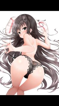 1girl 3: alternate_eye_color armpit_crease ass back black_hair black_panties blush breasts brown_eyes closed_mouth commentary_request embarrassed feet_out_of_frame from_behind furrowed_brow hair_between_eyes hair_spread_out halo highres holding holding_string lace lace-trimmed_panties lace_trim letterboxed lingerie long_hair looking_at_viewer looking_back natsume_ai ok_sign panties partially_visible_vulva presenting sakura_no_toki sakura_no_uta side-tie_panties small_breasts solo split_mouth string sweat thigh_gap thighs top-down_bottom-up topless_female underwear user_gesz2338 very_long_hair yellow_halo yes yes-no_pillow