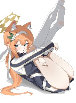 1girl absurdres animal_ear_fluff animal_ears black_jacket black_shorts blue_archive blush cat_ears cat_girl commentary_request d_(delt4) extra_ears hair_between_eyes hair_ribbon hairband halo highres jacket kneehighs legs_up long_hair low_ponytail lying mari_(blue_archive) mari_(track)_(blue_archive) no_shoes official_alternate_costume official_alternate_hairstyle on_back open_mouth orange_hair ponytail ribbon short_shorts shorts sidelocks socks soles solo white_hairband white_ribbon white_socks yellow_halo
