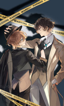 2boys absurdres black_choker black_gloves black_pants blue_eyes brown_coat brown_hair bungou_stray_dogs caution_tape choker coat collared_shirt dazai_osamu_(bungou_stray_dogs) eye_contact gloves grey_pants hand_in_pocket height_difference highres holding holding_jacket holding_unworn_clothes jacket looking_at_another male_focus multiple_boys nakahara_chuuya_(bungou_stray_dogs) neck_ribbon orange_hair pants red_eyes removing_hat ribbon shadow shirt short_hair suit_jacket suyako_(suya93) unworn_jacket vest waistcoat white_shirt