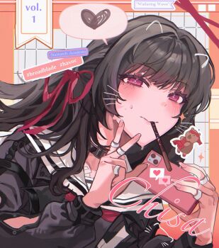1girl black_choker black_hair blush catmeow115193 cellphone character_name chisa_(wuthering_waves) choker closed_mouth commentary_request fingernails food food_in_mouth hands_up highres holding holding_phone long_fingernails long_hair long_sleeves looking_at_viewer mole mole_under_eye phone pink_eyes pink_nails pocky pocky_in_mouth sailor_collar smartphone solo upper_body v white_sailor_collar wuthering_waves