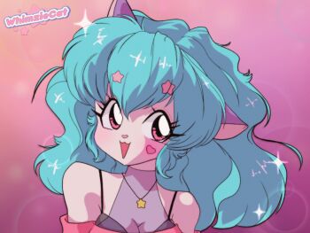 1990s_(style) 1girl :3 animal_ears artist_name artist_self-insert bare_shoulders blue_hair blurry bokeh breasts cat_ears cat_girl cleavage commentary depth_of_field english_commentary fluffy_hair hair_ornament heart heart-shaped_nose heart_sticker indie_virtual_youtuber jewelry long_hair looking_at_viewer medium_breasts necklace open_mouth pink_background pink_eyes retro_artstyle see-through_clothes sideways_glance signature solo spaghetti_strap sparkle star_(symbol) star_hair_ornament star_necklace sticker sticker_on_face tareme triangle_mouth upper_body whimzie whimziecat