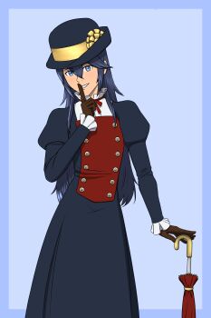 1girl absurdres blue_background blue_dress blue_eyes blue_hair blue_hat brown_gloves commentary commission cosplay devil_summoner:_soul_hackers devil_summoner_(series) dress english_commentary finger_to_mouth fire_emblem fire_emblem_awakening fseffect gloves hair_between_eyes hat highres lucina_(fire_emblem) mayone_(soul_hackers) mayone_(soul_hackers)_(cosplay) nintendo shin_megami_tensei simple_background smile solo umbrella