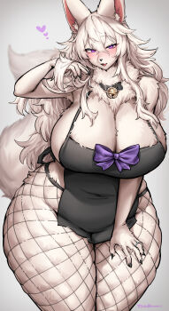 1girl :d absurdres animal_ear_fluff animal_ears bell black_collar black_nails blush breasts collar commentary_request fishnet_pantyhose fishnets furry furry_female grey_background hair_between_eyes hand_in_own_hair heart highres huge_breasts jewelry long_hair looking_at_viewer neck_bell open_mouth original pantyhose purple_eyes ring sideboob sidelocks simple_background smile snout solo suurin_(ksyaro) tail white_fur white_hair