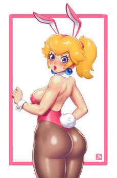 1girl absurdres animal_ears ass backless_leotard bad_id bad_twitter_id bare_back bare_shoulders blonde_hair blue_eyes blush breasts butt_crack curvy detached_collar earrings fake_animal_ears fake_tail female_focus from_behind highleg highleg_leotard highres huge_ass jewelry leotard lips lipstick looking_at_viewer looking_back makeup mario_(series) narrow_waist nintendo pantyhose pink_leotard playboy_bunny ponytail princess_peach puffy_lips rabbit_ears rabbit_tail red_lips riz shoulder_blades sideboob solo sphere_earrings strapless strapless_leotard tail thick_thighs thighs thong thong_leotard white_background wide_hips wrist_cuffs