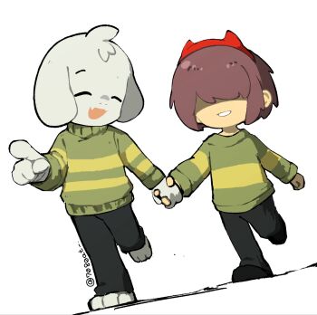 1boy 1other 7080at animal_ears artist_name asriel_dreemurr black_pants black_shoes brown_hair chara_(undertale) child clenched_hand closed_eyes colored_skin commentary covered_eyes demon_horns fake_horns fangs full_body furry furry_male goat_boy goat_ears green_sweater hair_over_eyes hand_up highres holding_hands horns index_finger_raised leg_up long_sleeves open_mouth pants puffy_long_sleeves puffy_sleeves running shoes short_hair simple_background single_stripe skin_fangs smile striped_clothes striped_sweater sweater symbol-only_commentary teeth undertale utdr_(toby_fox) white_background white_fur yellow_skin