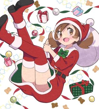 1girl :d alternate_costume belt black_belt boots box brown_eyes brown_hair commentary dress gift gift_box hat holding holding_sack looking_at_viewer lyra_(pokemon) nintendo open_mouth pokemon pokemon_hgss pumpkinpan red_boots red_dress red_hat red_thighhighs sack santa_costume santa_dress santa_hat smile solo stuffed_animal stuffed_toy symbol-only_commentary teddy_bear thighhighs twintails