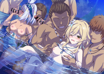 Rule 34 | 2girls, 5boys, bare shoulders, bikini, blonde hair, blue hair, blue one-piece swimsuit, blush, body markings, braid, breasts, censored, closed eyes, clothes pull, double handjob, erection, feather hair ornament, feathers, fellatio, flower, genshin impact, grabbing another's breast, groping, group sex, hair flower, hair ornament, hairband, handjob, hetero, large breasts, light blue hair, long hair, low twin braids, lumine (genshin impact), lumine (hot springs) (genshin impact), marugoshi (54burger), medium breasts, medium hair, mixed-sex bathing, mualani (genshin impact), mualani (hot springs) (genshin impact), multiple boys, multiple girls, nipple stimulation, nipple tweak, nipples, one-piece swimsuit, one eye closed, onsen, open mouth, oral, orgy, penis, ponytail, shared bathing, short hair, sidelocks, smile, swimsuit, tan, thighs, twin braids, two-tone swimsuit, water, white bikini, white hair, white one-piece swimsuit, yellow eyes