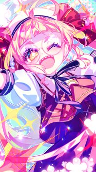 Rule 34 | 1girl, :d, ahoge, animal hat, arms up, beads, black ribbon, bow, cat hat, commentary request, earrings, eyelashes, hair beads, hair bow, hair ornament, hat, heart, heart earrings, highres, indie virtual youtuber, jewelry, kuronohanpen, long hair, neck ribbon, one eye closed, open mouth, pink hair, pink theme, puffy short sleeves, puffy sleeves, red bow, red skirt, red vest, ribbon, sasasaki kiki, sharp teeth, shirt, short eyebrows, short sleeves, skirt, smile, solo, teeth, twintails, upper body, upper teeth only, vest, virtual youtuber, white hat, white shirt