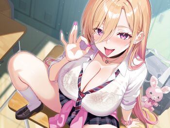 1girl :d absurdres bag black_choker black_shoes black_skirt blonde_hair blurry blush bra bra_visible_through_clothes breasts choker cleavage clothes_around_waist collarbone collared_shirt commentary_request depth_of_field desk dress_shirt fellatio_gesture from_above gradient_hair gyaru hair_between_eyes hand_up heart heart_necklace highres jacket jacket_around_waist jewelry knee_up kneehighs kogal large_breasts lingerie loafers long_hair looking_at_viewer miniskirt motsunuki multicolored_hair nail_polish necklace necktie nose_blush on_desk open_mouth original pink_eyes pink_hair pink_jacket pink_nails plaid_clothes plaid_skirt pleated_skirt school_bag school_uniform scrunchie see-through_clothes see-through_shirt shirt shoes short_sleeves sitting skirt smile socks solo spread_legs striped_clothes striped_necktie stuffed_animal stuffed_rabbit stuffed_toy thighs tongue tongue_out underwear very_long_hair white_shirt white_socks wrist_scrunchie