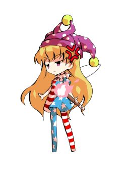 1girl american_flag american_flag_dress american_flag_legwear american_flag_print blonde_hair chibi chibi_only clownpiece commentary_request dairi fairy_wings flag_print full_body hat holding holding_torch jester_cap large_variant_set long_hair no_shoes pantyhose polka_dot_headwear purple_hat short_sleeves simple_background solo tachi-e torch touhou transparent_background variant_set wings