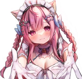 1girl ahoge animal_ears bell blue_bow blue_ribbon blush bow braid breasts cat_ears cat_girl cat_hair_ornament cleavage closed_mouth commentary dress egg_loveforever extra_ears gloves hair_bow hair_ornament hairclip hashtag-only_commentary heart heart_print highres indie_virtual_youtuber jingle_bell large_breasts long_hair looking_at_viewer maid maid_headdress neck_bell neck_ribbon open_hands pink_dress pink_eyes pink_hair ribbon short_sleeves simple_background smile solo star_(symbol) star_hair_ornament suspenders two_side_up virtual_youtuber white_background white_dress white_gloves yuuki_sakuna yuuki_sakuna_(3rd_costume)