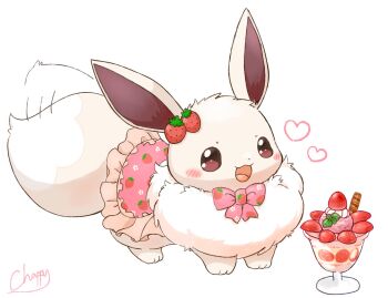 alternate_color animal animal_focus blush bow cinnamon_stick clothed_animal clothed_pokemon commentary_request eevee food food_print fruit fruit_print gen_1_pokemon heart mimix nintendo no_humans open_mouth parfait pink_bow pokemon pokemon_(creature) pokemon_focus shiny_pokemon smile solo strawberry strawberry_print tail tail_wagging white_fur