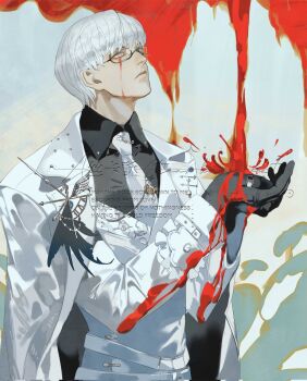 Rule 34 | 1boy, arima kishou, black gloves, black shirt, blood, bloody tears, glasses, gloves, highres, long sleeves, looking to the side, looking up, necktie, ouzhoumimei, shirt, solo, standing, tokyo ghoul, upper body, white hair, white necktie