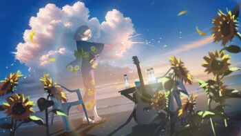 1girl absurdres blurry blurry_background bottle chair cloud cloudy_sky commentary_request day falling_leaves field fireworks flower full_body guitar highres holding holding_fireworks instrument japanese_clothes leaf looking_at_viewer looking_back medium_hair original outdoors petals plant scenery shiomi_(lowrise) shoes sky smile solo standing straight_hair sunflower sunlight white_hair