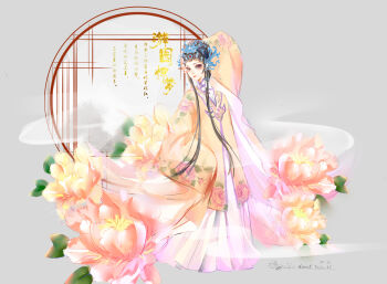 Rule 34 | 1girl, absurdres, arm behind head, black hair, blue crown, brown eyes, character name, chinese clothes, chinese text, closed mouth, commentary request, crown, floral print, flower, full body, grey background, hair over shoulder, hand on own hip, hanfu, happy, highres, lattice, leaf, light blush, lipstick, long hair, long sidelocks, long sleeves, makeup, miracle nikki, muriel miaoke, nikki (series), peony (flower), peony pavilion (miracle nikki), pink flower, print robe, red lips, robe, round window, sidelocks, simple background, sleeves past fingers, sleeves past wrists, smile, smoke, solo, standing, translation request, very long hair, white hanfu, wide sleeves, window, yellow robe