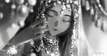 1girl artist_name blurry closed_eyes demi_(nashidrop) depth_of_field greyscale hand_up highres jewelry long_hair monochrome nashidrop necklace original parted_lips portrait solo