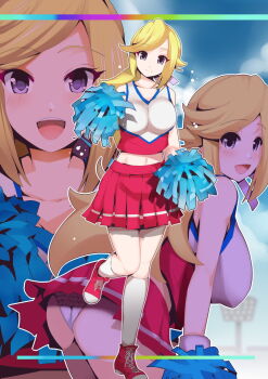 1girl blonde_hair breasts cheerleader closed_mouth commentary_request crop_top fukui_sora hair_ribbon highres holding holding_pom_poms jikkyou_powerful_pro_yakyuu kneehighs long_hair midriff multiple_views navel nijitani_sairi open_mouth panties pantyshot pom_pom_(cheerleading) pom_poms power_pro_appli purple_eyes purple_ribbon red_shoes red_skirt ribbon shoes skirt socks teeth underwear upper_teeth_only white_panties white_socks