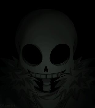 1boy animated animated_gif artist_name black_background bone dark evil_smile fur_trim glamist glowing glowing_eye gradient_background grin hood hoodie male_focus monochrome sans_(undertale) simple_background skeleton smile solo spot_color teeth undertale upper_body utdr_(toby_fox)