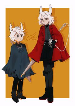 1girl 1other absurdres arthropod_girl black_sclera blank_eyes blue_cloak cloak coat colored_sclera crown highres hollow_knight horns knight_(hollow_knight) latti_tudes mini_crown needle_(hollow_knight) orange_blood red_coat short_hair torn_cloak torn_clothes white_hair