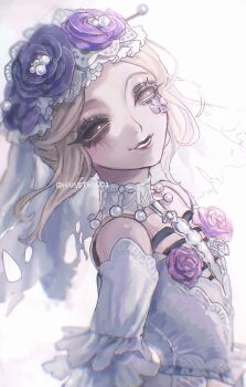 1girl bare_shoulders black_eyes black_sclera blonde_hair collar colored_sclera detached_collar doll_joints dress facial_mark flower frilled_collar frilled_dress frilled_sleeves frills galatea_claude galatea_claude_(&quot;succubus&quot;) head_wreath highres hnnstkn001 identity_v joints makeup open_mouth parted_bangs pink_flower purple_flower purple_rose ribs rose runny_makeup smile solid_eyes solo upper_body veil white_background white_dress