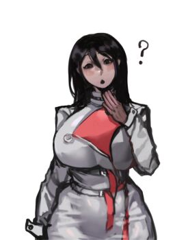 1girl 2025 :o ? arm_at_side black_eyes black_hair blush borrowed_character breasts character_name coat collarbone commentary confused curvy dress english_commentary female_focus hair_between_eyes half-closed_eyes head_tilt how_to_date_an_entity_(and_stay_alive) huge_breasts long_coat long_hair looking_at_viewer mrs._(how_to_date_an_entity) official_art open_mouth original pale_skin sfour_s4 simple_background smile solo spoken_question_mark straight-on straight_hair taut_clothes thick_thighs thighs trench_coat white_background white_coat