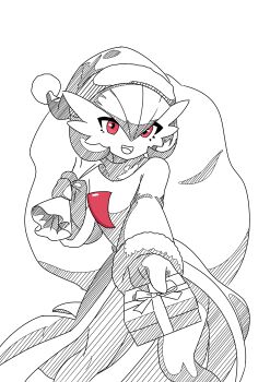 1girl absurdres arm_up bob_cut box christmas clothed_pokemon female_focus fur-trimmed_hat fur-trimmed_sleeves fur_trim gardevoir gen_3_pokemon gift gift_box greyscale hair_between_eyes hand_up happy hat highres holding holding_gift holding_sack incoming_gift long_sleeves looking_at_viewer monochrome nintendo open_mouth outstretched_arm over_shoulder pokemon pokemon_(creature) pom_pom_(clothes) red_eyes ronaldor sack santa_costume santa_hat shirt short_hair simple_background smile solo spot_color turtleneck turtleneck_shirt white_background