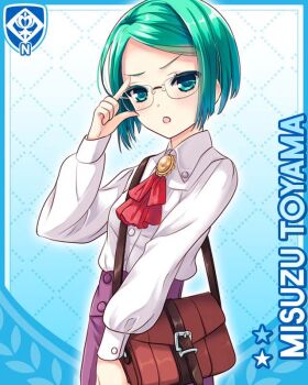 1girl :o adjusting_eyewear ascot bag blue_background brown_bag card_(medium) character_name girlfriend_(kari) glasses green_eyes green_hair hand_on_eyewear looking_at_viewer official_art qp:flapper red_ascot shirt short_hair shoulder_bag solo toyama_misuzu v-shaped_eyebrows white_shirt