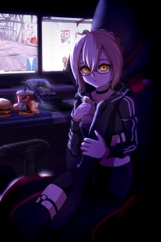 1girl absurdres ahoge artoria_pendragon_(fate) bike_shorts black_jacket black_shorts black_thighhighs blonde_hair blush braid breasts chair choker darkkin eating fate/grand_order fate_(series) food glasses hair_between_eyes hair_bun highres hood hooded_jacket jacket knee_up long_hair long_sleeves looking_at_viewer medium_breasts monitor mysterious_heroine_x_alter_(fate) mysterious_heroine_x_alter_(second_ascension)_(fate) shirt shorts sidelocks sitting solo thighhighs thighs white_shirt yellow_eyes