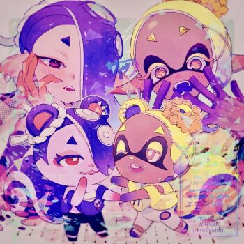 Rule 34 | 2girls, animal crossing: new horizons, blonde hair, blue hair, cece (animal crossing), cephalopod eyes, colored extremities, colored eyelashes, colored tongue, commentary request, cross-shaped pupils, dark-skinned female, dark skin, earrings, fangs, frye (splatoon), gradient hair, hair ornament, hair over one eye, hand on own cheek, hand on own face, hands up, horizontal pupils, jewelry, long eyelashes, long pointy ears, medium hair, multicolored hair, multiple earrings, multiple girls, nintendo, one eye covered, open mouth, pointy ears, purple hair, purple tongue, red eyes, saiano, shiver (splatoon), splatoon (series), splatoon 3, symbol-shaped pupils, tentacle hair, tooth earrings, viche (animal crossing), watermark, x hair ornament, yellow eyes